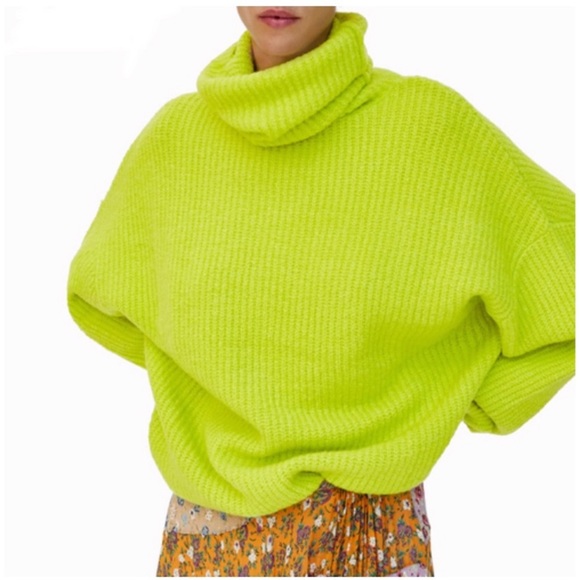 Neon green chunky knit sweater waffle neck size M - Picture 8 of 12